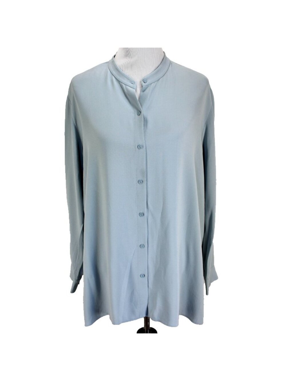 Eileen Fisher Silk Top Womens Size L Blue Long Sleeve Button Front Blouse